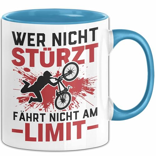 Downhill Jungen Tasse Mtb Wer Nicht Stürzt Fährt Nicht Am Limit Mountainbiker Kaffee-Becher (Blau)