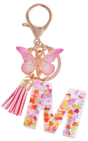 Werownsgso Schlüsselanhänger mit Namen, Süß, Alphabet Harz Blume Schlüsselanhänger mit Schmetterling, Name für Frauen und Kinder (Rosa-m)