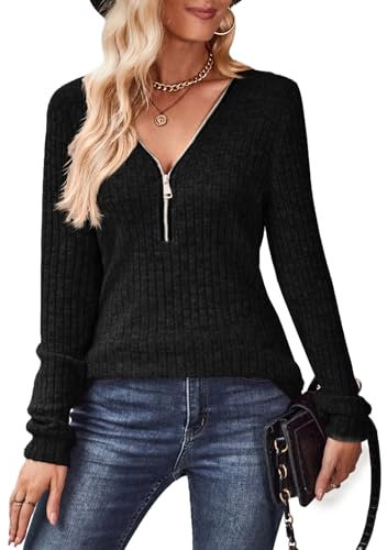 Gemulate Clothing Ladies Jumpers, Long Sleeve Women Pullover Knit Solid Colour Sweater Zipper Tops V Neck Plain Sweatshirts Black XL