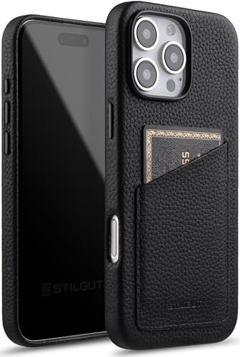 STILGUT Cover kompatibel mit iPhone 16 Pro Hülle mit Kartenfach, Case aus Leder, Kartenhülle - Schwarz
