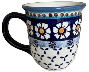 Bunzlauer keramik Kaffeebecher Teetasse 350 ml – Handbemaltes Design 'Kamille' in Blau und Grün, robust und traditionell aus Schlesien (Blau)