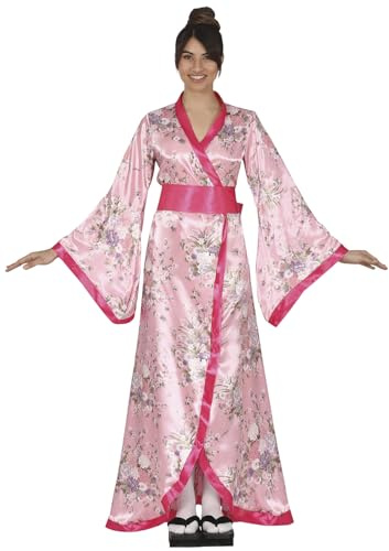 FIESTAS GUIRCA | Disfraz Kimono Mujer - Floral Rosa - Talla 36-38 (S) | Set 2 Piezas | S 36-38 | Estampado Oriental | Cinturón Fucsia Ancho | Mangas Amplias | Carnaval, Halloween, Disfraces