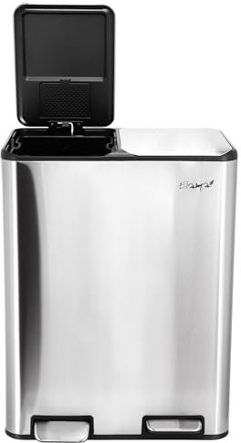 Elama 2 Section Trash and Recycling Bin in Stainless Steel with Slow Close Mechanism and Removable Inner Lining (Two 4 Gallon Section)