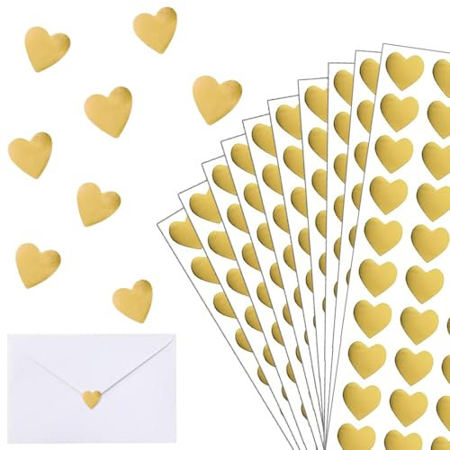 Herz Aufkleber, 600 Stück, Glitzer Herz Aufkleber, Selbstklebend Herzform Sticker Etiketten für Valentinstag Hochzeit Geschenkbeutel DIY Handwerk Scrapbooking Umschlagsiegel (Gold)