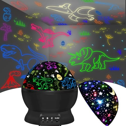 Night Light for Kids,Dinosaur Toys for 3 4 5 6 7 8 Year Old Boys,Star Projector 360 Degree Rotation - 4 LED Bulbs 16 Light Color Changing with USB Cable,Lamp Ceiling Lights for Kids Bedroom