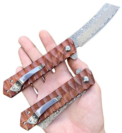 Obespina Couteau Pliant de Poche Damas Tanto Inversé Style Japonais Pliant Acier Damas 67 Couches VG10 Couteau de Poche Damascus lame Tranchante Manche en bois, Pour Collection Cadeau Homme