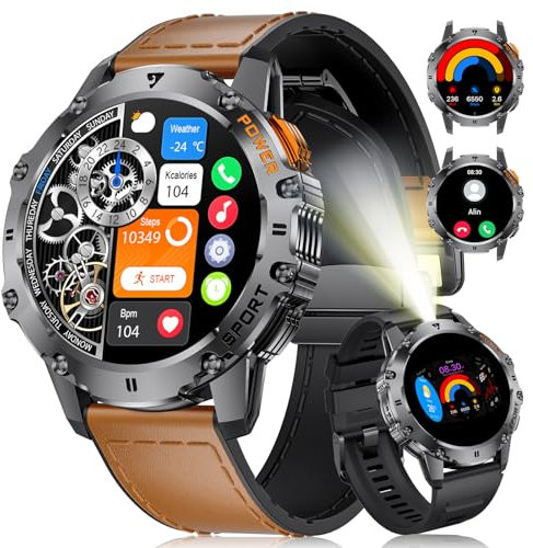 FOXBOX Smartwatch Herren Magnet Armbänder,1.43''AMOLED 500mAh Militär Smart Watch,IP68 Wasserdicht Fitnessuhr 110+ Sportmodi mit Taschenlampe Blutdruckmessung Herzfrequenz Schlafmonitor Schwarz Braun