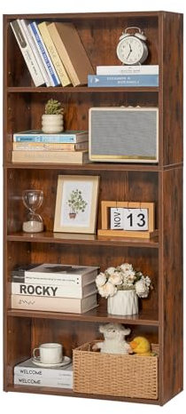 VEVOR schmales Bücherregal mit 5 rechteckigen Fächern & höhenverstellbarem Regal, 1345 mm hohe Standregal Aufbewahrungsregal aus E1 Spanplatte, Ausstellungsregal für Wohnzimmer Schlafzimmer Braun