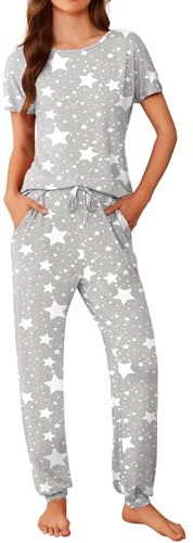 Ekouaer Schlafanzug Damen Kurzarm Süß Print Pyjama Set Sommer Sleepwear Zweiteiliger Nachtwäsche mit Taschen