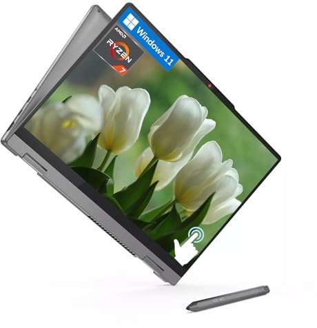Lenovo Ideapad 5 14 2-in-1 WUXGA Touchscreen Laptop, 8-core AMD Ryzen 7 8845HS, 16GB LPDDR5 RAM, 1TB SSD, impronte digitali, tastiera retroilluminata, penna stilo, Win 11 Home, Luna Grey, supporto