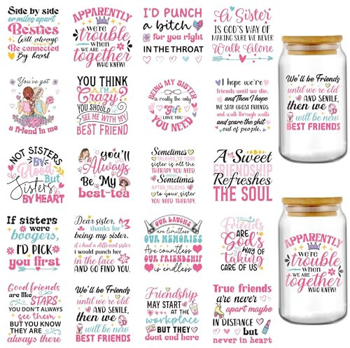 INCOK Rub on Transfers for Crafts - 20 Sheets Sisters Bestie UV DTF Glass Cup Wraps for 16 oz Water Goblet, A Friend in Me Sweet Mug Sticker Decals DIY Creative Gifts for Good Friends