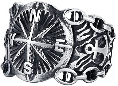 TQWSVUM Nordischer Pirat Wikinger Kompass Vegvisir Ring – Herren Edelstahl Vintage Schiff Anker Siegelring – Keltischer Heidnischer Hip Hop Gothic Mode Amulett Biker Schmuck