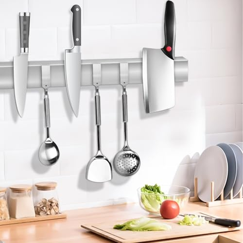 LEKEFETO Magnetleiste Messer mit 3 Haken & Anti-Rutsch-Matte, Messerhalter Magnetisch aus Edelstahl, Magnetic Knife Holder, Magnetischer Messerblock, für Küchenutensilien oder Werkzeugen - 40 cm
