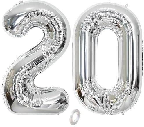 Balorise 40 Zoll Aluminium Luftballon Silber Zahl 20, Helium Unterstützt, Ballon Nummer 0-9, 10-100 (101cm), große Folienballons Dekoration für Geburtstagsfeier, Hochzeit, Jubiläum