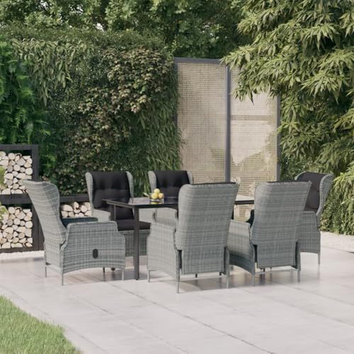 Qnhdfrt Garten Essgruppe 6 Stühle Set Outdoor PE Rattan Tischgruppe mit Glasplatte und Liegefunktion Grau Schwarz für Terrasse Balkon Garten