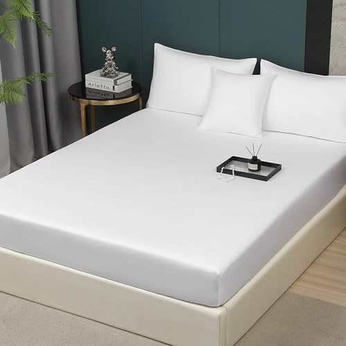 DXHOME Baumwolle Spannbetttuch 160x200cm Weiß Lyocell Seide Spannbettlaken 100% Baumwolle Bettlaken Betttuch Weich d Atmungsaktiv Spannbetttuch 160 x 200 für Hohe Matratze bis 25-30 cm