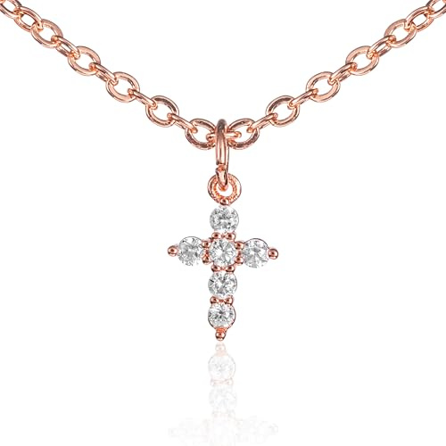 ZAVANA Collier Croix Femme Plaqué Or/Or Rose/Rhodium – Petit Collier Pendentif Croix avec Pierres Zircon Brillantes, Bijou Fantaisie Élégant pour Femme et Fille, Cadeau Raffiné avec Pochette