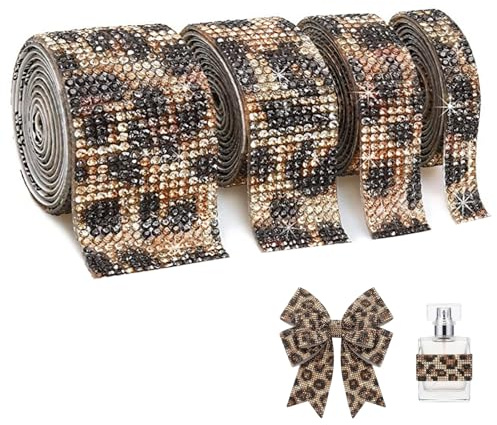 4 Rollen Selbstklebende Strassband, 0,91 m/Rolle Bling Glitzersteine Selbstklebend, DIY Dekoration Diamant Band 4 Rollen in 4 Größen (Leopardenmuster)