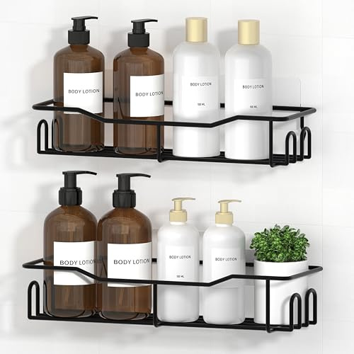 HapiRm Shower Shelf No Drilling - Stainless Steel Bathroom Shower Storage | 2 Pack Black Shower Caddy with 4 Hooks & Adhesive Pads, Bathroom Shower Storage Wall Mount, Bathroom Shelves No Drilling