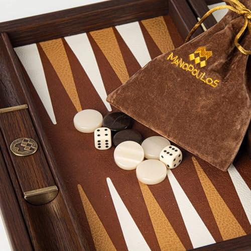 Luxus Manopoulos Backgammon-Koffer aus geflochtenem Strohhalm und Kunstleder (BDE3KBR), Checkers, Würfel, Premium-Set, handgefertigt in Griechenland von Experten (30 x 20 cm geschlossen), Erwachsene