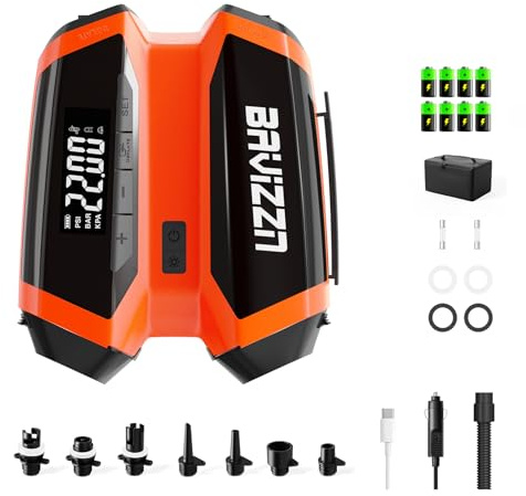 BAVIZZN Pompa SUP Elettrica Ricaricabile per Batteria 22PSI, 76,96 Wh, | Doppio Stadio, Arresto Automatico, Gonfiatore e Sgonfiatore con cavo Type C & 12 V CC per Paddleboard, Barca, Sport acquatici
