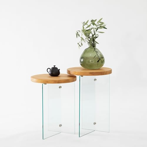 Hanah Home Modern Coffee Table Set (2 Pieces), Oak & Transparent, 35 x 51 cm & 35 x 46 cm | 100% Tempered Glass & MDF Frame | Stylish & Functional for Any Living Space