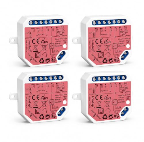LoraTap Modulo per tapparelle intelligenti, confezione da 4: aggiornamento delle tapparelle esistenti, timer app, controllo vocale Alexa Google Assistant, Wi-Fi 2,4 GHz, motore tubolare AC a 4 fili