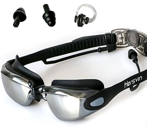 Hersvin Schwimmbrille (M/0 bis M/-8,0) UV400 Anti-UV Anti Nebel Schutzbrille für Erwachsene Männer Frauen Kinder (Schwarz, M/-8,0)