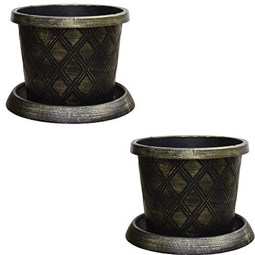 Stylish Garden Large Patio Pot & Saucer Stunning black and gold lattice effect Ideal for planting flower plugs shrub and vegetables 2 x 39cm Pots and Saucers by Thompson and Morgan
