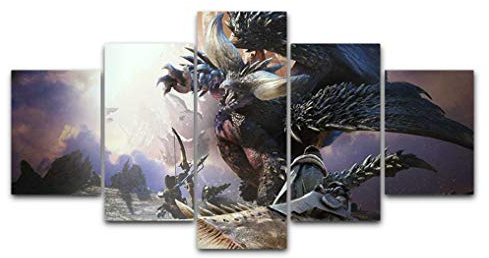 SINGLEAART Leinwanddrucke,5 Teiliges Wandbild,5 Stück Leinwand,Wohnzimmer Dekoration,Modular Wandkunst,Brettmalerei,Geburtstagsgeschenk,Nergigante Monster Hunter,150Cm×80Cm,Mit Rahmen
