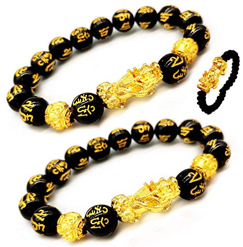 Feng Shui The Best - Braccialetto di perline mantra intagliate a mano, 10 mm, con amuleto portafortuna dorato Pi Xiu/Pi Yao portafortuna