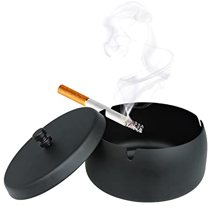 Andiker Metal Ashtrays with Lid, Non-Slip Windproof Ashtray for Cigarette, Tabletop Ash Trays Black for Home Office and Indoor (Large)