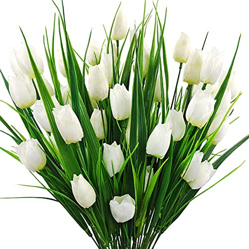Guagb 8 Bundles Outdoor Artificial Tulips Fake Flowers UV Resistant Faux Plastic Greenery Shrubs Plants for Home Outside Garden Porch Window Farmhouse Decor (White)
