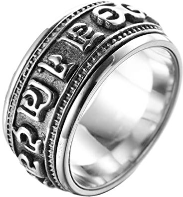 HIJONES Herren Edelstahl Vintage Buddhistisches Tibetisches Mantra Om Mani Padme Hum Gebet Rotierbares Silber Größe 54