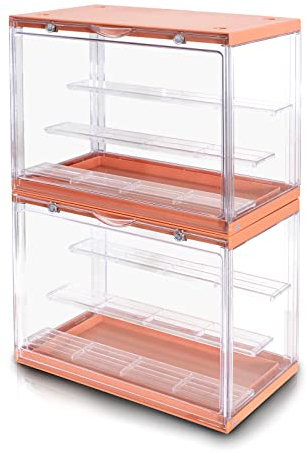 SIC Clear Acrylic Display Case Multi-Tier for Lego Collection, Figures, Models; Gadget Display Box, Action Figure Collector Organizer; Dust Cover (2, Orange)