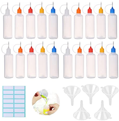 20 PCS 30ml Empty Glue Bottle with 5PCS Mini Funnels & 14PCS Sticker, Plastic Applicator Bottles with Needle Tip Caps for Glue, Liquid, Oil, DIY Craft, Acrylic Painting (Multicolor)