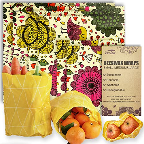 Involucri riutilizzabili in cera d'api per alimenti - (6 confezioni, 3 misure S, M, L) Senza plastica e silicone, involucro ecologico, carta cerata per alimenti,Flower Bee & Bird