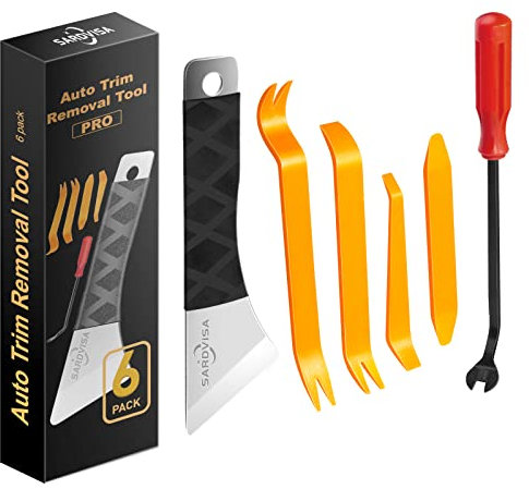 SARDVISA Auto Trim Removal Tool Set, Plastic No Scratch Body Removal Tool Kit with Stainless Steel Metal Pry Board, Car Body Removal Tools for Door Panel, Dashboards, Clips, Baseboard (6Pcs)