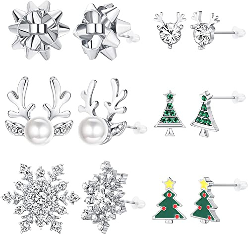 ORAZIO 6 Paare Weihnachten Ohrstecker für Frauen Edelstahl Ohrstecker Ohrringe für Mädchen Niedlich Schneeflocke Weihnachtsbaum Geweih Perlen Ohrringe Set Weihnachten Schmuck Geschenk
