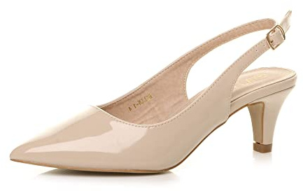 AJVANI Womens Ladies Low mid Heel 50s Slingback Buckle Pointed Court Shoes Size