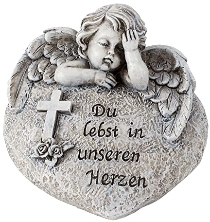 Grabschmuck Engel mit Inschrift „Wir denken an Dich“ – 8 cm hoch & 11 cm breit – Trauerfigur wetterfest – Engel mit Rose – Grabdeko zur Erinnerung & Gedenkstätte (Du lebst in unseren Herzen)