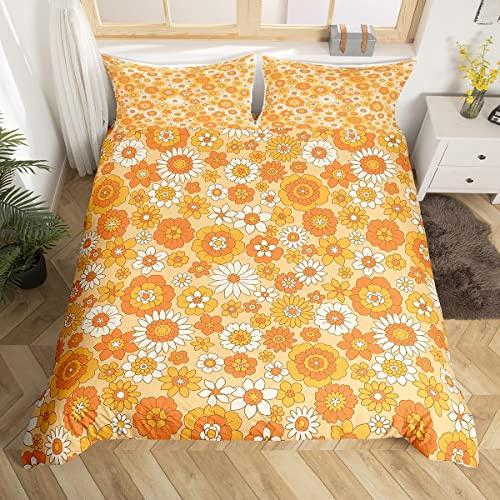 Homewish 60S 70S Retro Floral Bedding Set Double Beige White Groovy Flowers Comforter Cover Colorful Hippie Duvet Cover For Kids Girls Teen Vintage Bohemian Colorful Blossom Quilt Cover 3 Pcs