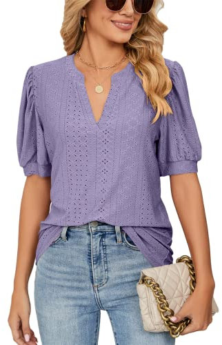 EDOTON Camiseta Mujer Manga Corta Cuello V Corto Sólido Manga Hueca Burbuja Camisa de Punto Camisetas Mujer (L,A Morado)