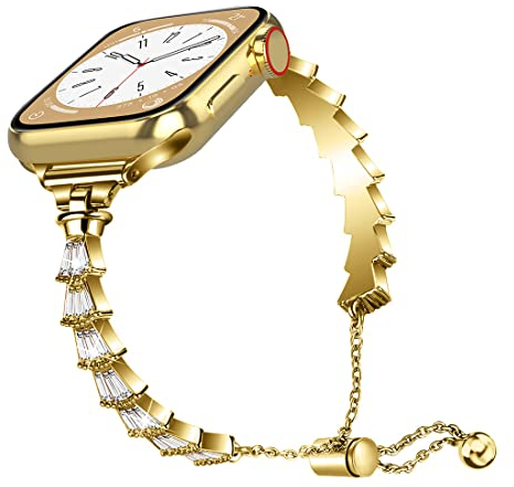 Kompatibel mit Apple Watch Ultra 49MM Edelstahl Armband, Frauen Glitzer Strass Diamant Metall Armbänder Sport Loop Ersatzarmband Slim Uhrenarmband für iWatch 42/44/45MM Serie 8/7/6/SE/5/4/3/2/1, Gold