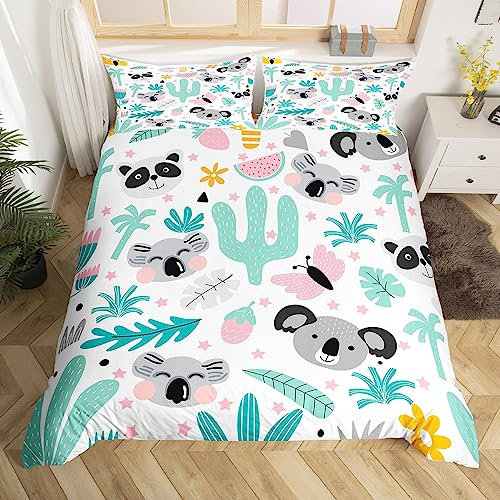 Feelyou Cartoon-Koala-Bettdeckenbezug, niedliches Koalabär-Bettwäsche-Set für Kinder, Jungen, Mädchen, Kawaii-Tiere, Bettbezug, tropische Pflanzen, Tagesdecke, atmungsaktive Bettwäsche (ohne Bettdecke
