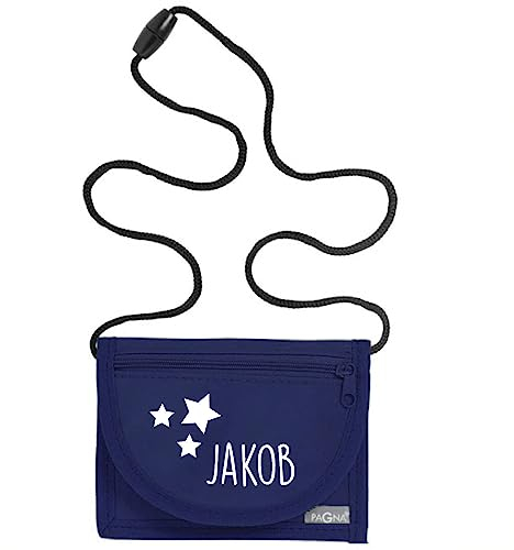 minimutz Geldbörse für Kinder mit Name | Motiv Sterne inkl. Namensdruck | Geldbeutel Jungen Mädchen mit Münzfach zum Umhängen (Navy blau)