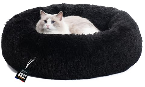 One PETS-TOP® Katzenbett [mit waschbarem Bezug] - Hundebett, Hundekissen kleine Hunde, Hundekorb, Hundekörbchen, Cat Bed, Langer Plüsch, 60cm Durchmesser Schwarz