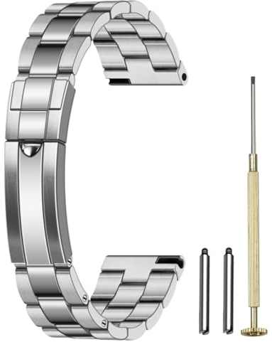 Juntan Bracelet de montre en acier inoxydable de 20 mm et 22 mm - Bracelet de montre fuselé en métal massif à vis en argent et noir avec boucle de plongée classique pour homme et femme, Argent brossé