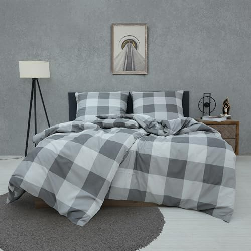 Vency Bettwäsche 135x200 4-Teilig Grau - Oeko-TEX 80% Baumwolle & 20% Polyester, 2X Bettbezug Reißverschluss + 2X Kissenbezug 80x80 Umschlagverschluss, Varia Modell
