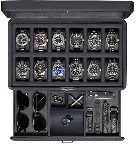 ROTHWELL Luxus Uhrenbox für 12 Uhren - PU Leder Uhrenbox mit Echtglasdeckel - Ausziehbare Zubehörschublade mit mehreren Fächern (Carbon)